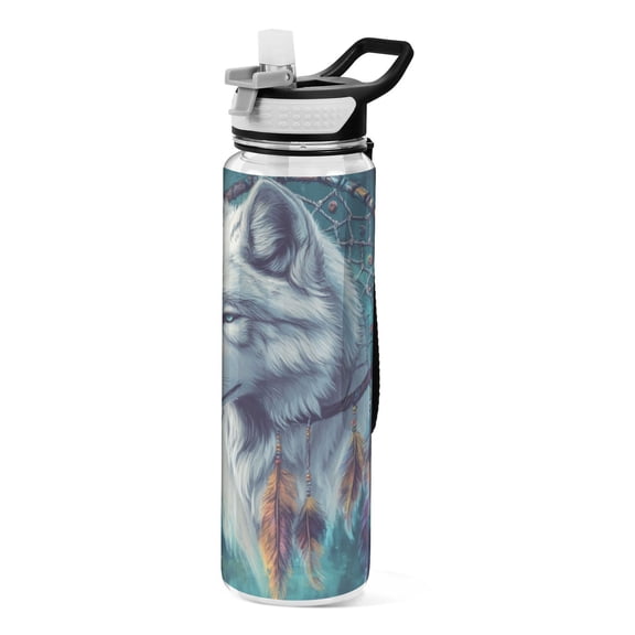 Qxltty Wolf King Dreamcatcher Water Bottle 32 oz with Straw BPA Free Reusable Fitness Sport Bottle Perfect for Travel School Outdoors and Gym