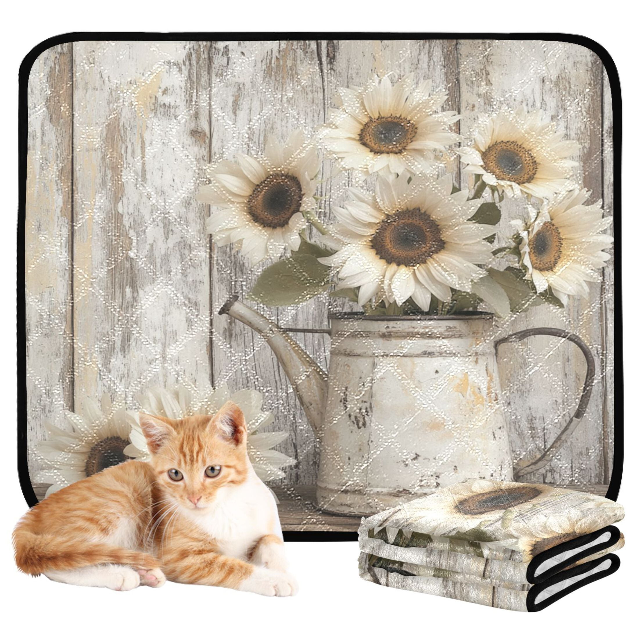 Qxltty Wooden White Sunflower Cat litter Pads Pet Set of 3 Diaper Mats Center Anti-leakage Layer Absorbent Soft and Comfortable