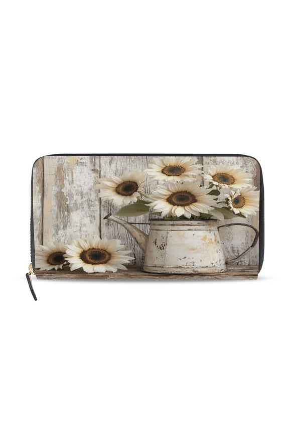Wooden White Sunflower Women's Leather Wallet Fashion Retro Multi Card Holder with Cell Phone Pocket Mothers Day Gifts