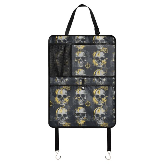 Qxltty Yellow Inked Skull Car Seat Back Protectors with 3 Pocket Storage Bag Universal Fit Automotive Interior Decoration