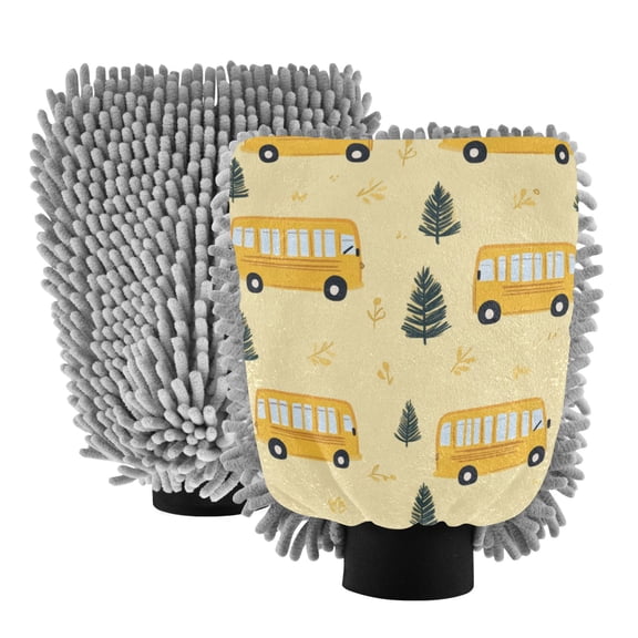 Qxltty Yellow Kindergarten School Bus Pattern Car Wash Mitt 2pcs Scratch Free Lint-Free Antistatic Microfiber 7.09×10.24in