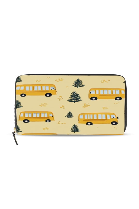 Yellow Kindergarten School Bus Pattern Women's Leather Wallet Fashion Retro Multi Card Holder with Cell Phone Pocket Mothers Day Gifts