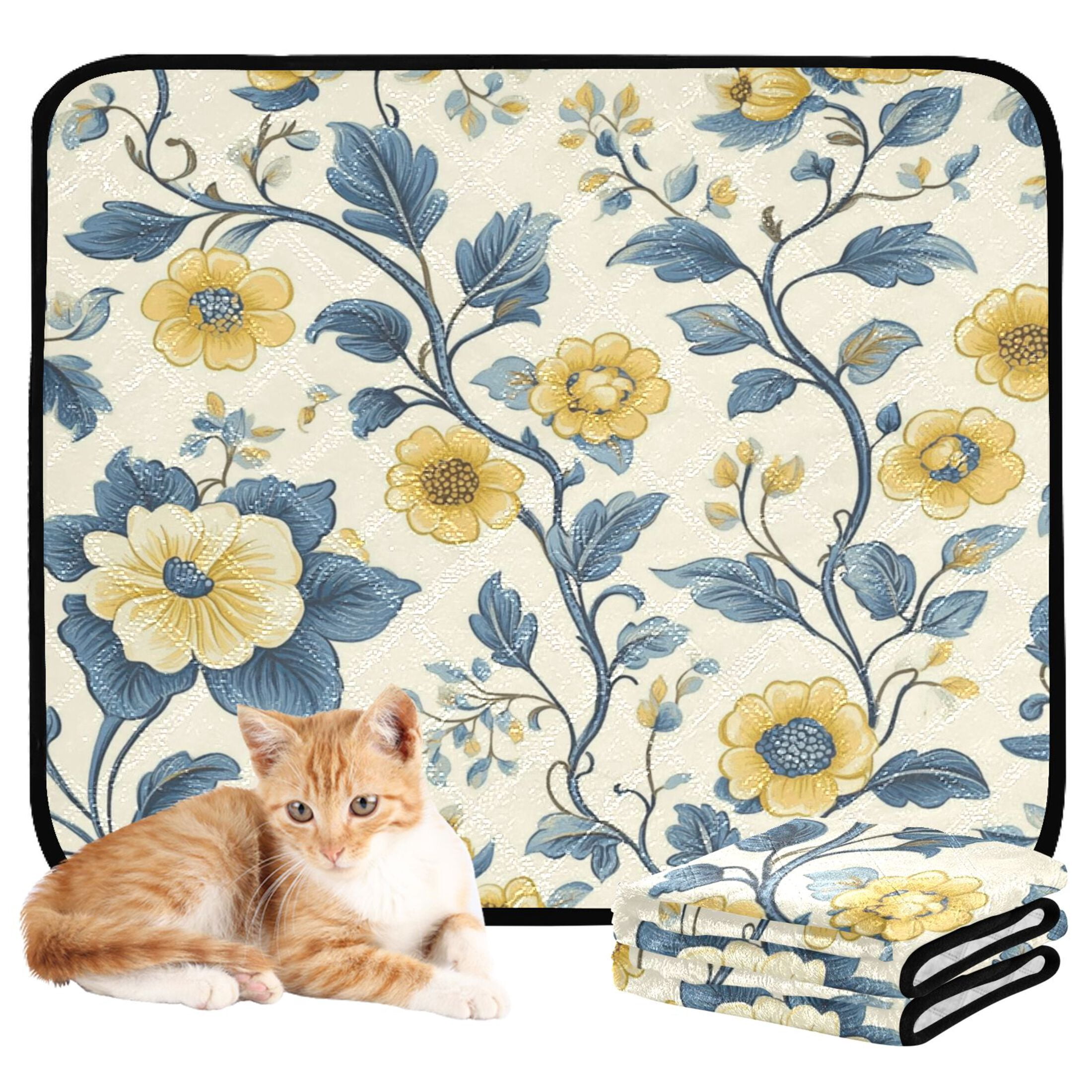 Qxltty Yellow Vintage Floral Pattern Cat litter Pads Pet Set of 3 Diaper Mats Center Anti-leakage Layer Absorbent Soft and Comfortable
