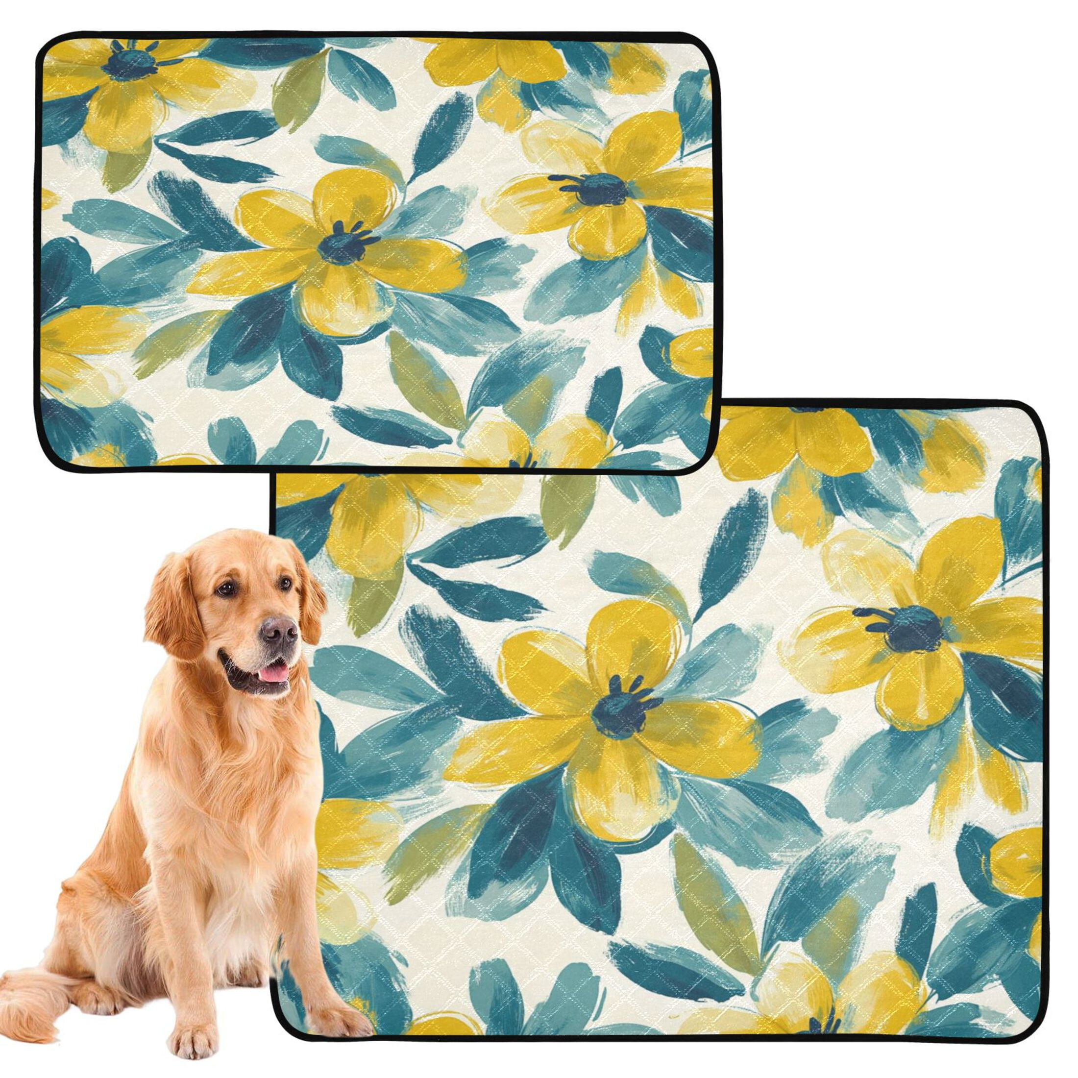 Qxltty Yellow and Teal Flowers Cat litter Pads Pet Set of 2 Diaper Mats Center Anti-leakage Layer Absorbent Soft and Comfortable