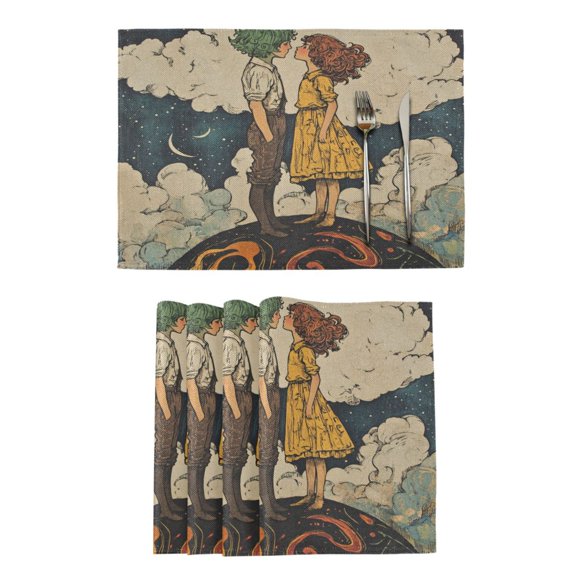 Qxltty Young Lovers Illustration Placemats Set of 4 Heat Resistant Non-Slip Place mat for Dining Table Washable Durable Polyester Woven Table Decorations