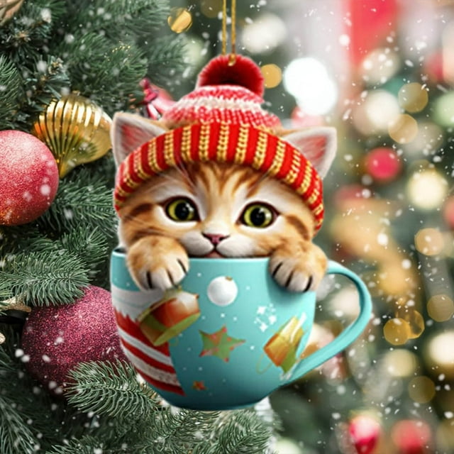 Qxpztk Christmas Ornaments Teacup Cat Decorations Kitten Kawaii