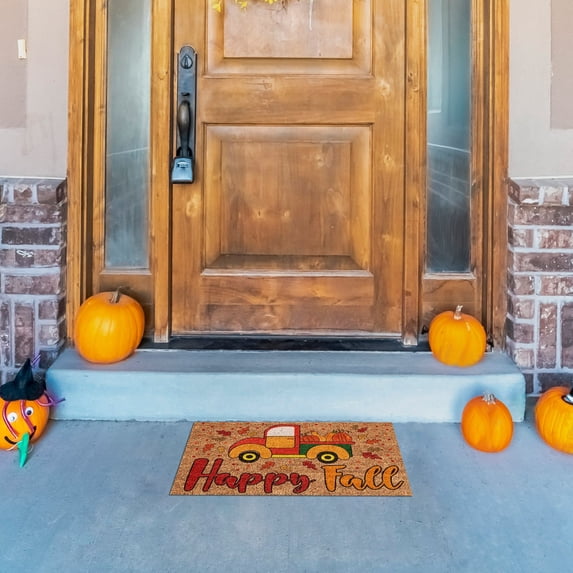 Qxpztk Fall Coir Door Mat Welcome Halloween Doormats Natural Coir Mats Non Slip Front Door Rugs for Thanksgiving Decorative Entrance Porch Outdoors 15.7 x 23.6 Inch (Trucks)