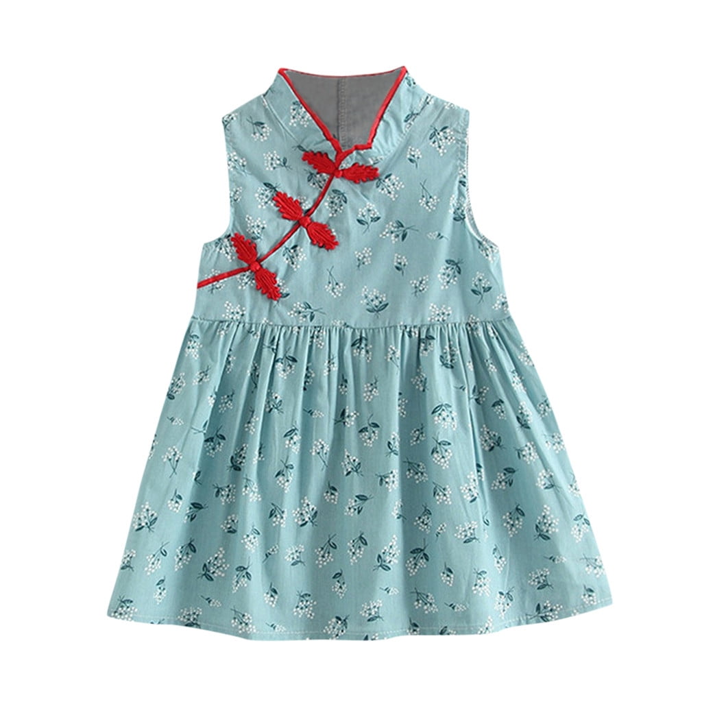Qxutpo Girls' Dresses Floral Cheongsam Party Outfits Baby Princess Sleeveless Skirt Casual
