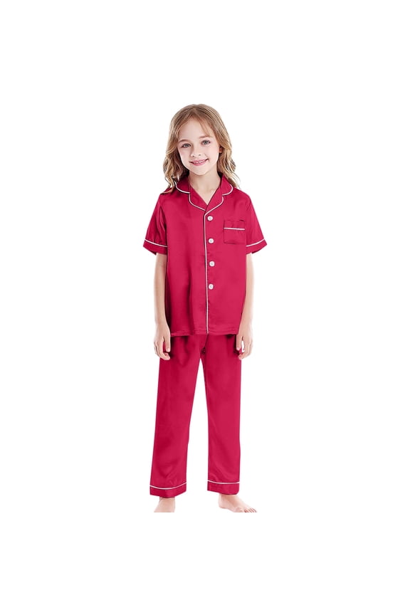 Pajama Set For Girls Unisex Satin Silk 2 Pcs Long Pants Button Down Nightwear Red Outfit Suits Size 14