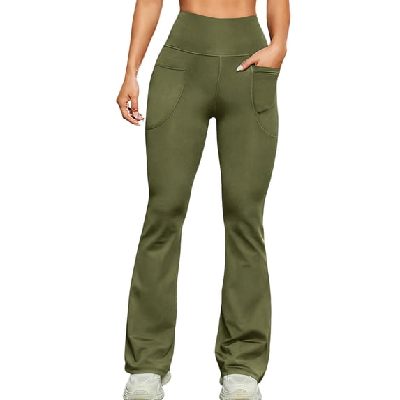 Qyadh Flare Leggings for Women Workout High Waisted Leggings with Pockets Bootcut Work Dress Bottom Pants(Army Green,X-Large)