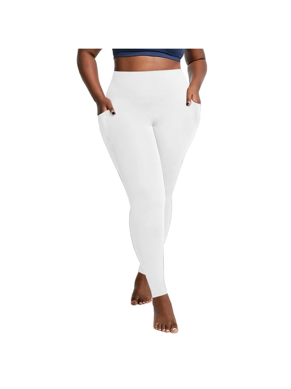 Qyadh Plus Size Leggings with Pockets for Women Elastic High Waist Soft Workout Gym Yoga Pants Stretch Athletic Booty Lifting Leggings(White,3X-Large)