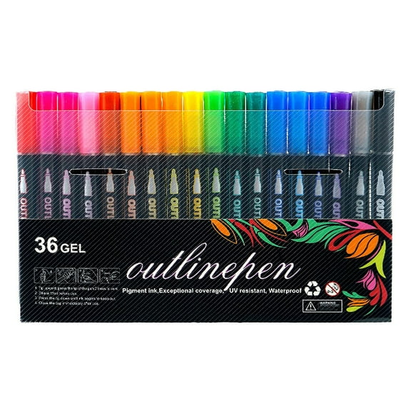 Qyaukm Double Line Outline Markers, 36 Colors Super Squiggles Shimmer Outline Marker Pen Set, Self Outline Metallic Markers Glitter Writing Drawing Pens for Greeting Card, Doodling, DIY Art Crafts