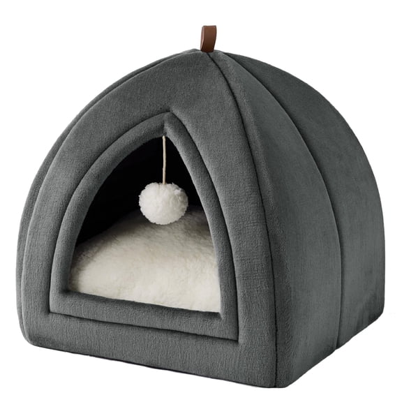 Qyaukm Heated Cat Bed for Winter, Soft Flannel Hooded Igloo House with Washable Cushion, Warm Shelter for Small Medium Pets, S Size