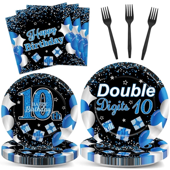 Qyeahkj 100 Pcs 10th Birthday Decorations for Boys Teen 10th Supplies Plate Napkin Forks Set Disposable Blue 10th Birthday Tableware Paper Plates Dinnerware for Kids Teenager Favors Serve 25 Y114