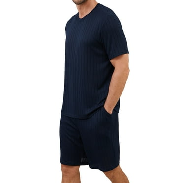 Qylux Men's Lightweight Pajama Set – Soft Short-Sleeve Sleepshirt & Shorts, Breathable Summer Sleepwear & Loungewear, Comfy Knit PJ Set,Dark Blue,(S-2XL)