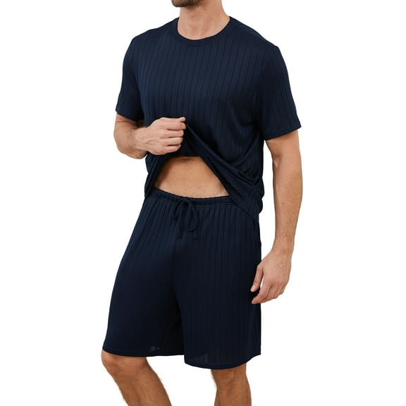 Qylux Men's Lightweight Pajama Set – Soft Short-Sleeve Sleepshirt & Shorts, Breathable Summer Sleepwear & Loungewear, Comfy Knit PJ Set,Dark Blue,(S-2XL)