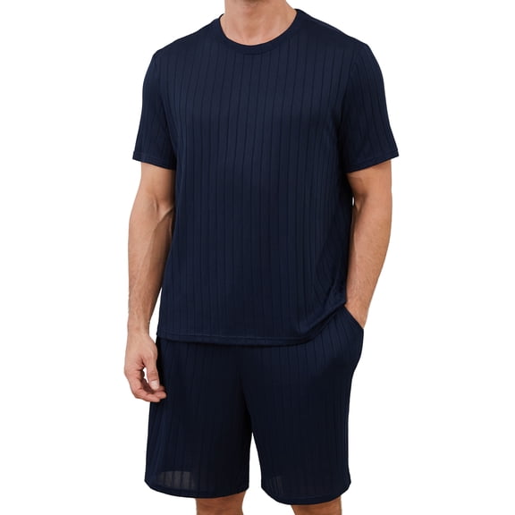 Qylux Men's Pajama Set Short Sleeve Crewneck Top & Shorts, Soft Lightweight Breathable Summer Knit Loungewear 2-Piece Set,Dark Blue,(S-2XL)