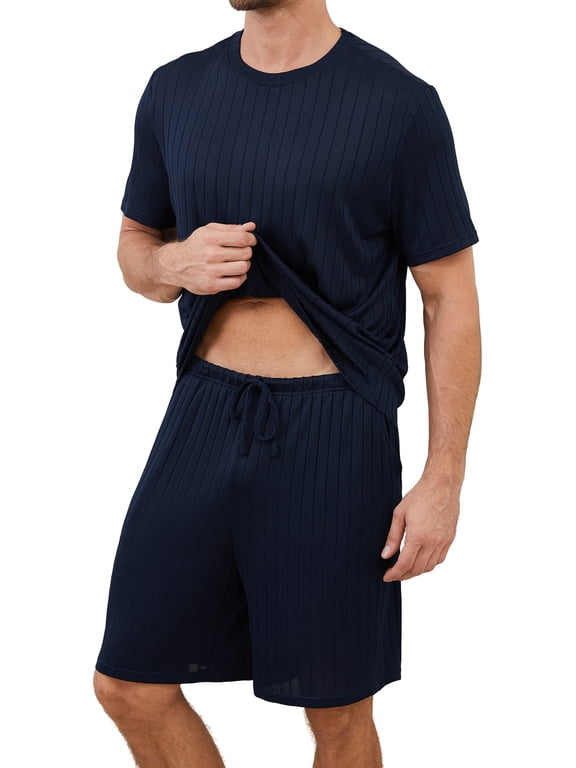 Men's Pajama Set Short Sleeve Crewneck Top & Shorts, Soft Lightweight Breathable Summer Knit Loungewear 2-Piece Set,Dark Blue,(S-2XL)