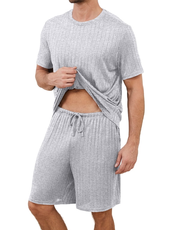 Men's Pajama Set Short Sleeve Crewneck Top & Shorts, Soft Lightweight Breathable Summer Knit Loungewear 2-Piece Set,L,Grey