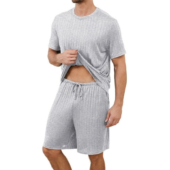 Qylux Men's Lightweight Pajama Set – Soft Short-Sleeve Sleepshirt & Shorts, Breathable Summer Sleepwear & Loungewear, Comfy Knit PJ Set,L,Grey