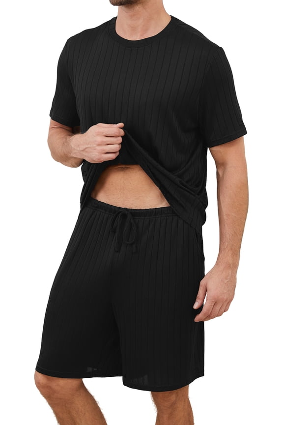Men's Pajama Set Short Sleeve Crewneck Top & Shorts, Soft Lightweight Breathable Summer Knit Loungewear 2-Piece Set,M,Black