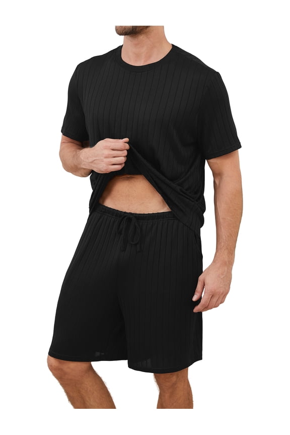Men's Pajama Set Short Sleeve Crewneck Top & Shorts, Soft Lightweight Breathable Summer Knit Loungewear 2-Piece Set,M,Black