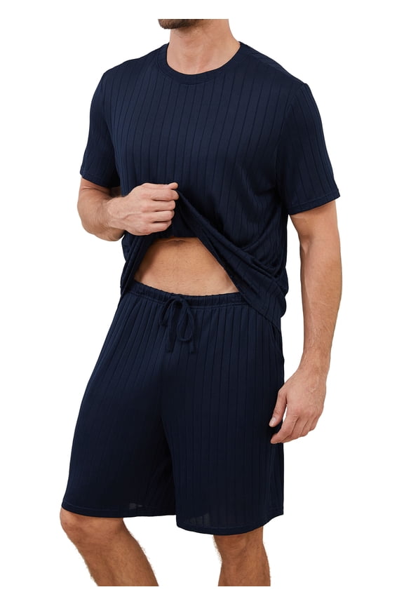 Men's Pajama Set Short Sleeve Crewneck Top & Shorts, Soft Lightweight Breathable Summer Knit Loungewear 2-Piece Set,S,Dark Blue