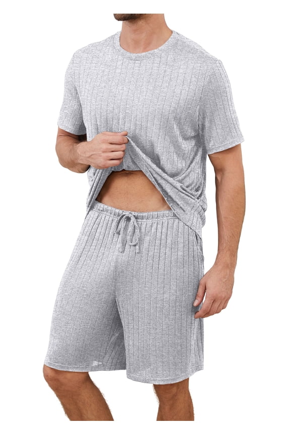 Men's Pajama Set Short Sleeve Crewneck Top & Shorts, Soft Lightweight Breathable Summer Knit Loungewear 2-Piece Set,XL,Grey