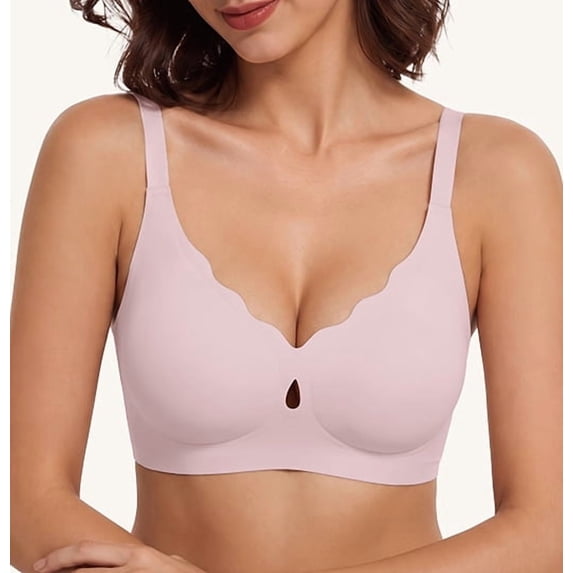 QYLUX Women's Wireless Bra,No Underwire Seamless T-Shirt Bra,Supportive Full Coverage with Natural Lift,Scalloped V-Neck,Soft Everyday Comfort