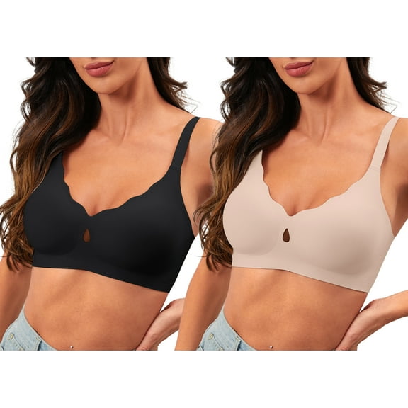 Qylux Wireless Bras for Women - No Underwire Push Up Bra, Seamless Full Coverage Bralette, Comfort Lift Support, Soft Everyday T-Shirt Bra Pack of 2