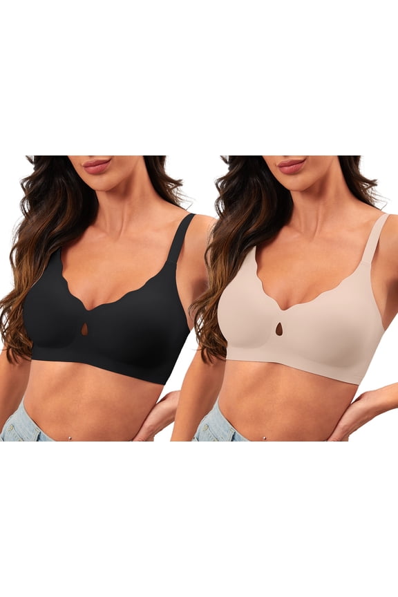Wireless Bras for Women - No Underwire Push Up Bra, Seamless Full Coverage Bralette, Comfort Lift Support, Soft Everyday T-Shirt Bra Pack of 2