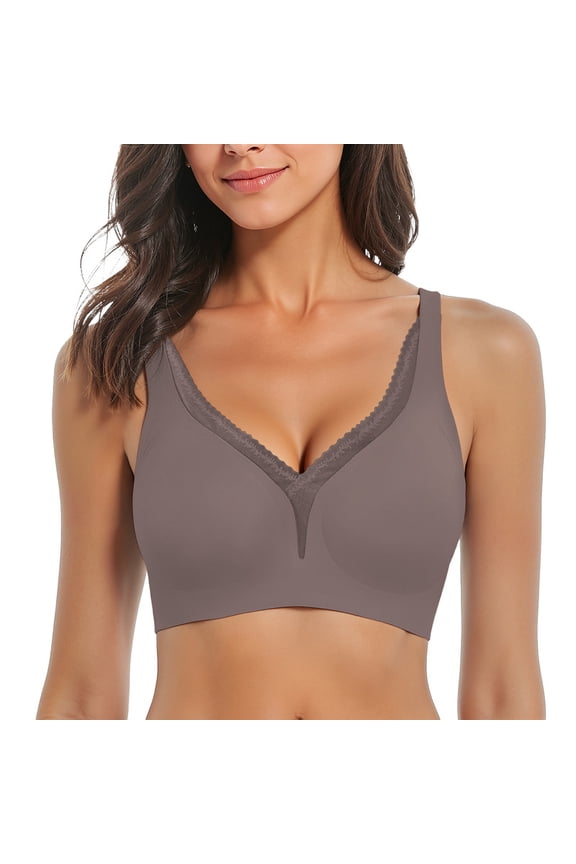 Bras For Women No Underwire Deep V Mesh Comfortable Bralette Seam-Free Full-Coverage Daily Bra，Coffee，L