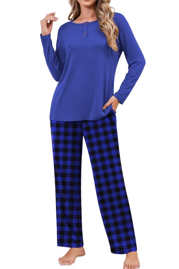 Women's Pajama Long Sleeve Adjustable Long Pants Sleepwear Set Soft Two Piece Matching Set with Pockets,Blue Grid,L