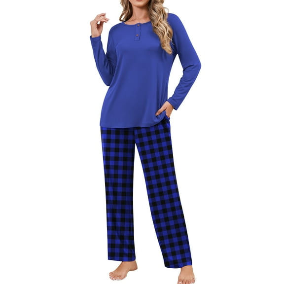 Qylux Women's Pajama Long Sleeve Adjustable Long Pants Sleepwear Set Soft Two Piece Matching Set with Pockets,Blue Grid,L