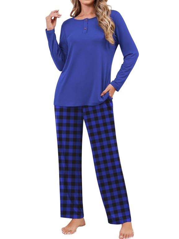 Women's Pajama Long Sleeve Adjustable Long Pants Sleepwear Set Soft Two Piece Matching Set with Pockets,Blue Grid,L