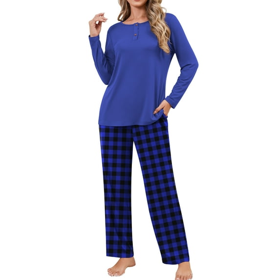 Qylux Women's Pajama Long Sleeve Adjustable Long Pants Sleepwear Set Soft Two Piece Matching Set with Pockets,Blue Grid,M