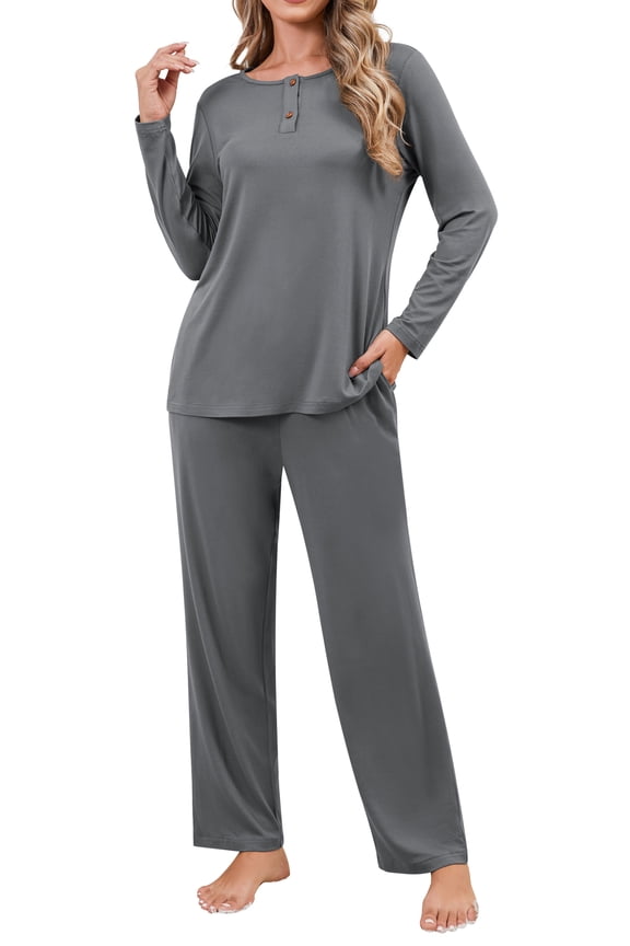 Women's Pajama Long Sleeve Adjustable Long Pants Sleepwear Set Soft Two Piece Matching Set with Pockets,Dark Grey,L