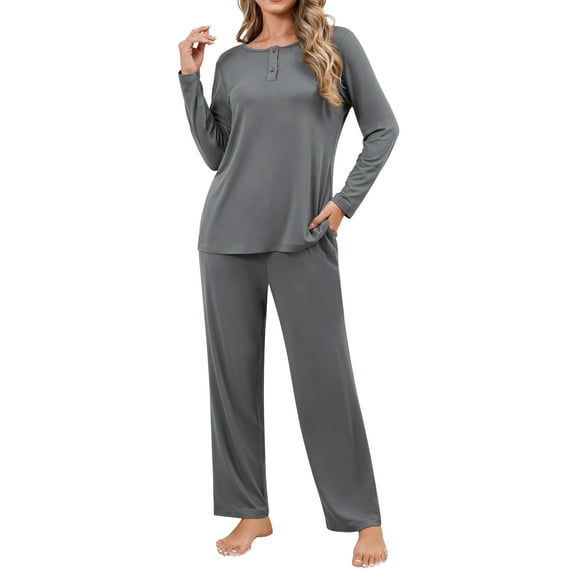 Qylux Women's Pajama Long Sleeve Adjustable Long Pants Sleepwear Set Soft Two Piece Matching Set with Pockets,Dark Grey,XL