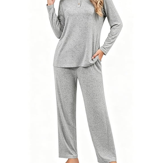 Qylux Women's Pajama Long Sleeve Adjustable Long Pants Sleepwear Set Soft Two Piece Matching Set with Pockets,Grey,S