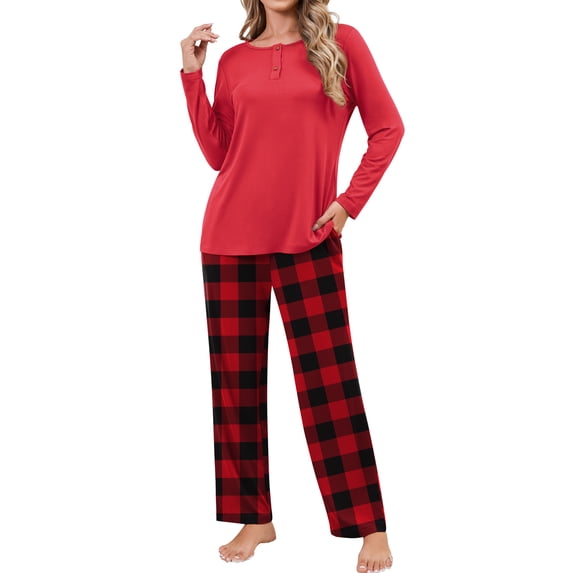 Qylux Women's Pajama Long Sleeve Adjustable Long Pants Sleepwear Set Soft Two Piece Matching Set with Pockets,Red Grid,XL