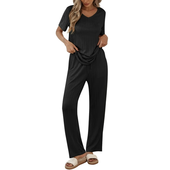 Qylux Women's Pajama Set Short Sleeve Adjustable Long Pants Sleepwear Set Soft Two Piece Matching Set with Pockets,Black,L