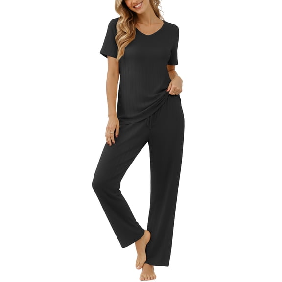 Qylux Women's Pajama Set Short Sleeve Adjustable Long Pants Sleepwear Set Soft Two Piece Matching Set with Pockets,Black,L