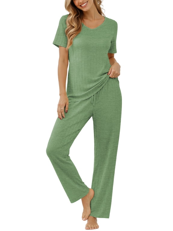 Women's Pajama Set Short Sleeve Adjustable Long Pants Sleepwear Set Soft Two Piece Matching Set with Pockets,Light Green,M