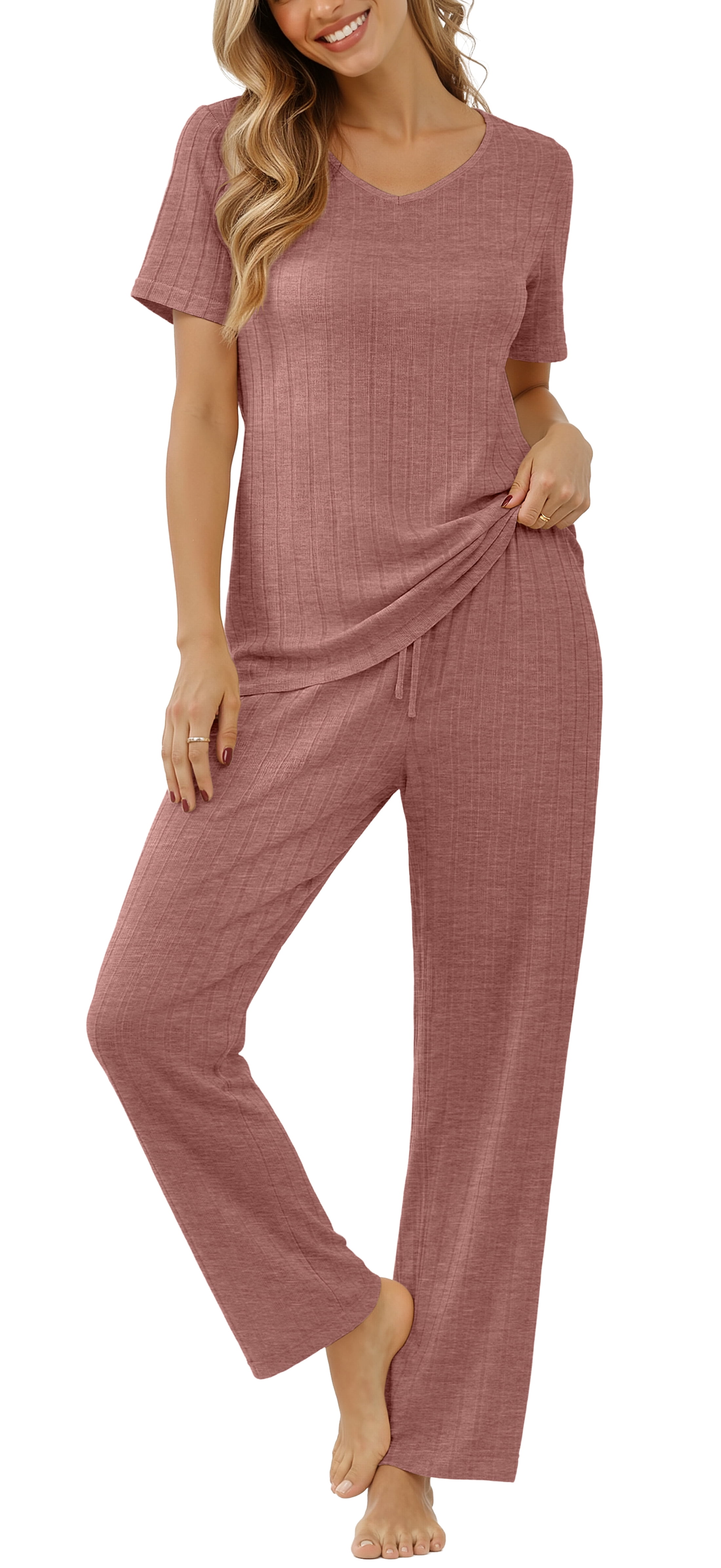 Women's Pajama Set Short Sleeve Adjustable Long Pants Sleepwear Set Soft Two Piece Matching Set with Pockets,Light Pink,(S-2XL)