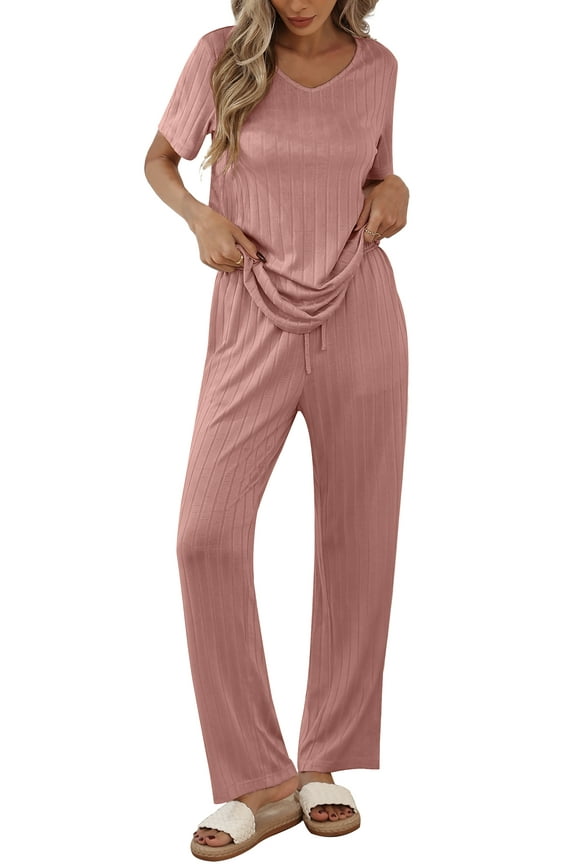 Women's Pajama Set Short Sleeve Adjustable Long Pants Sleepwear Set Soft Two Piece Matching Set with Pockets,Light Pink,XL