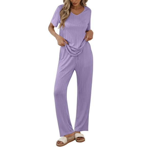 Qylux Women's Pajama Set Short Sleeve Adjustable Long Pants Sleepwear Set Soft Two Piece Matching Set with Pockets,Light Purple,XL