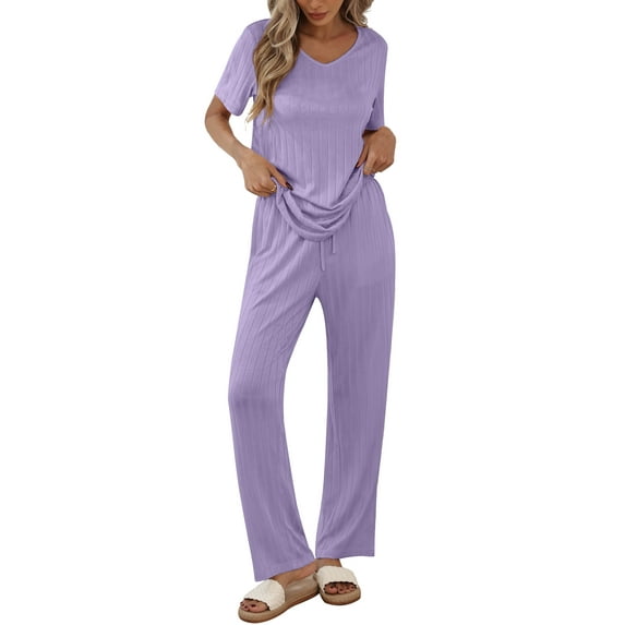 Qylux Women's Pajama Set Short Sleeve Adjustable Long Pants Sleepwear Set Soft Two Piece Matching Set with Pockets,Light Purple,XL