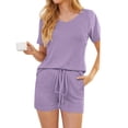 thumbnail image 1 of Qylux Pajamas for Women Set Ribbed Knit Sleepwear Set Summer Short Sleeve Top and Shorts 2 Piece Lounge Set with Pockets,Light Purple,2XL, 1 of 8