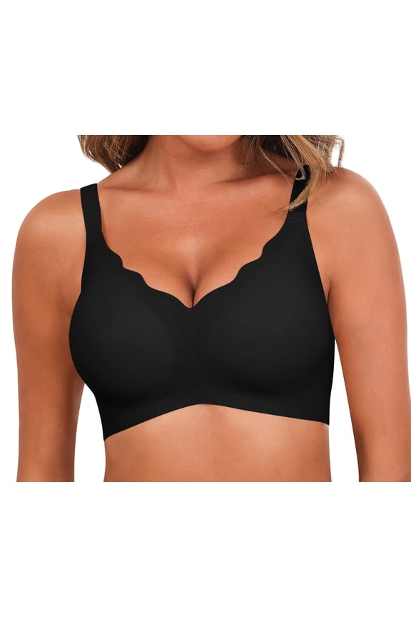 Plus Size Bra Women's Wireless Seamless Bra - Scalloped Edge Push Up, Soft Full Coverage, No Underwire Floral Bralette, Everyday Comfort T-Shirt Bra,3XL,Black