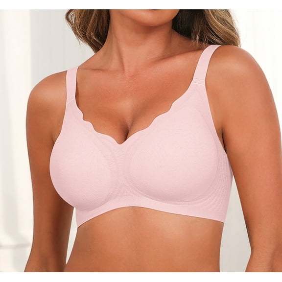 Qylux Plus Size Bra Women's Wireless Bras - Floral Scalloped Edge Push Up Bralette, Ultra Soft Full Coverage Comfort Bra, Seamless Everyday T-Shirt Bra,3XL,Pink